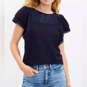 NWT Ann Taylor Loft Blue Flutter Sleeve Pointelle T Shirt Top S